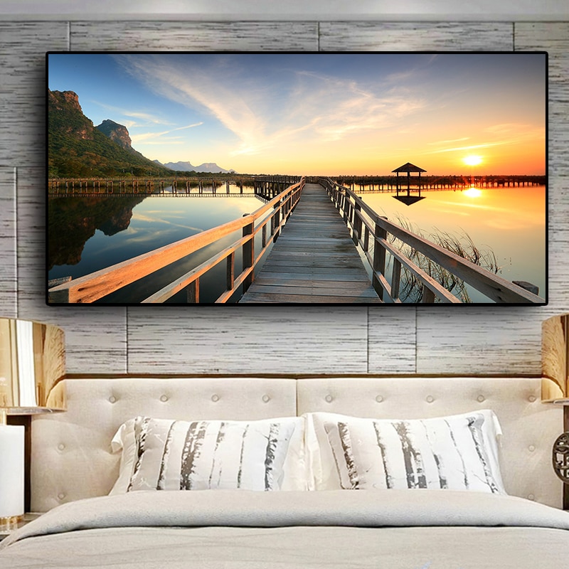 Sunsets Bridge Wooden Lake Landscape Posters and Prints Canvas Painting Cuadros Scandinavian Wall Art Picture for Living Room